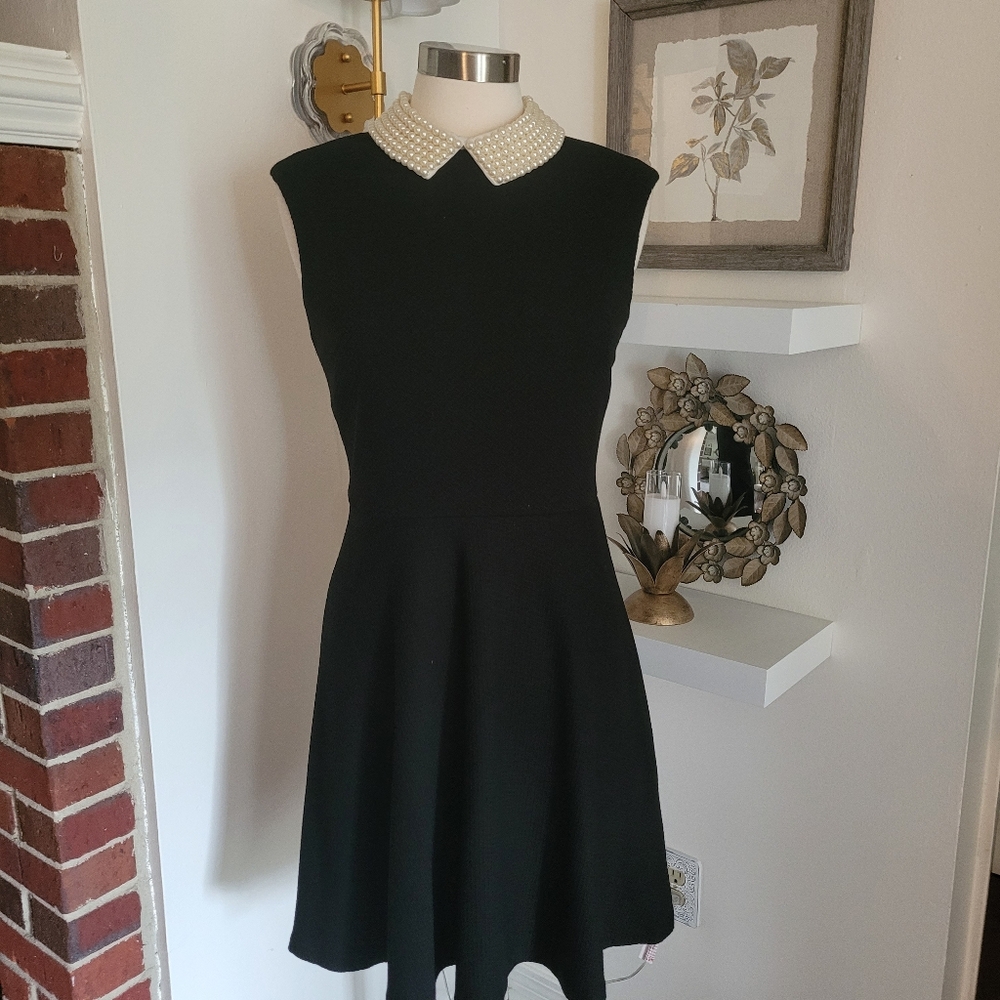Betsy Johnson Cap Sleeve Black Dress with Pearl Collar Size 8